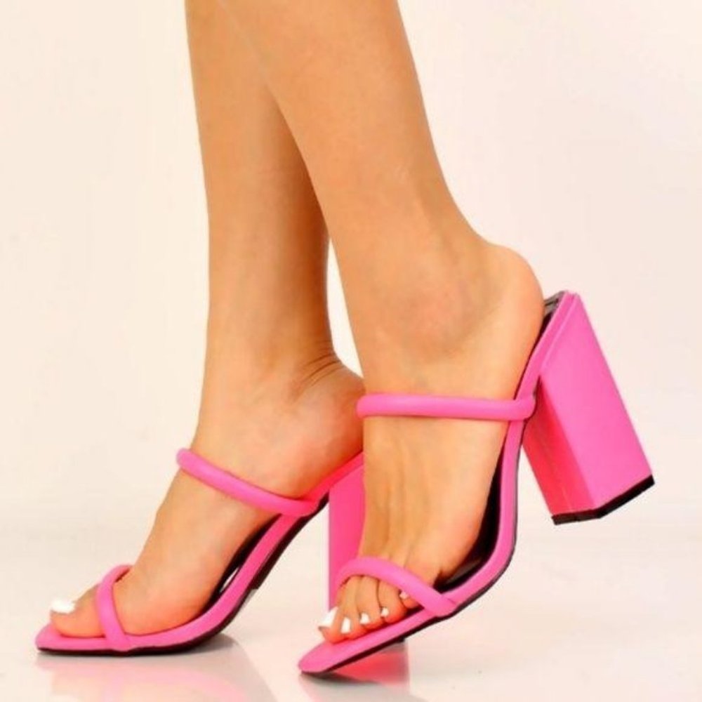 Neon Pink Block Heel Sandals - Picture 4 of 5